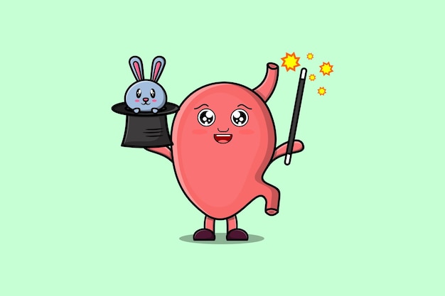 lindo personaje de mago de estómago de dibujos animados con personaje de conejito que sale del sombrero mágico
