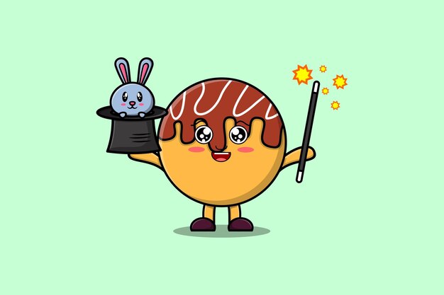 lindo personaje de mago Takoyaki de dibujos animados con personaje de conejito que sale del sombrero mágico