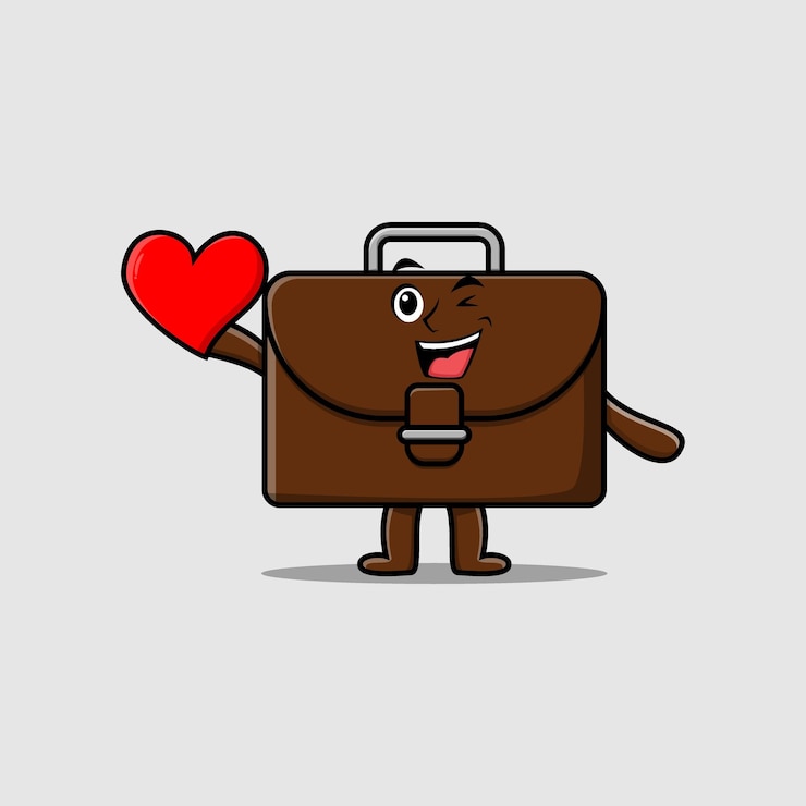 Vector lindo personaje de maleta de dibujos animados con un gran corazón rojo en un diseño de estilo moderno