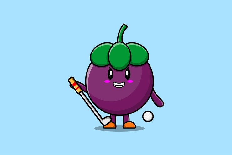 Vector lindo personaje de mangostán de dibujos animados jugando al golf en concepto de ilustración de estilo de dibujos animados plana