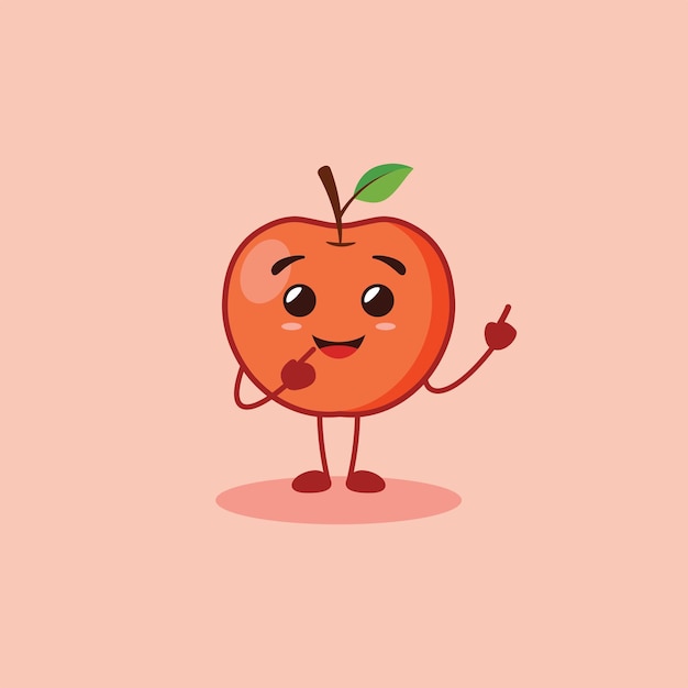 lindo personaje de manzana apuntando a la esquina superior izquierda con ambos dedos