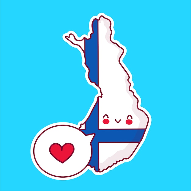 Lindo personaje de mapa y bandera de finlandia divertido feliz con corazón en el bocadillo de diálogo