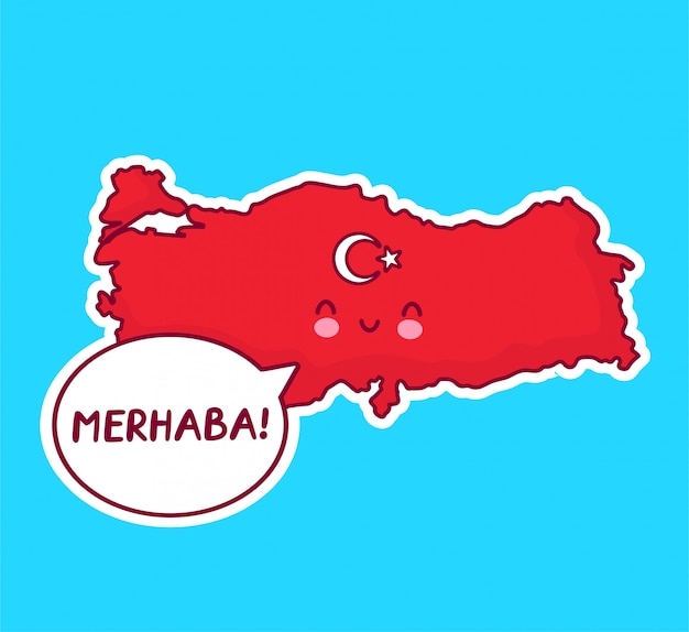 Lindo personaje de mapa y bandera de turquía divertido feliz con la palabra merhaba en bocadillo.