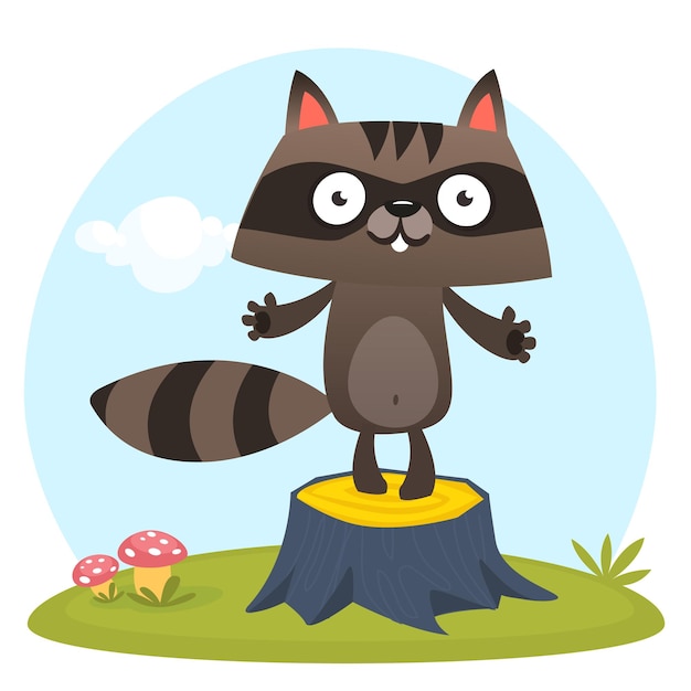 Lindo personaje de mapache de dibujos animados de pie sobre un tocón de árbol en el prado ilustración vectorial