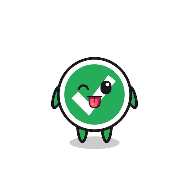 Lindo personaje de marca de verificación en dulce expresión mientras saca su lengua lindo diseño