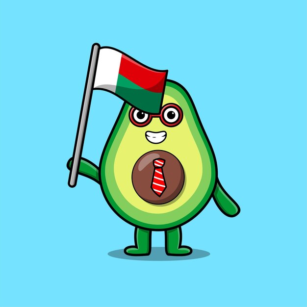 Lindo personaje de mascota de aguacate de dibujos animados con bandera del país de madagascar en diseño moderno