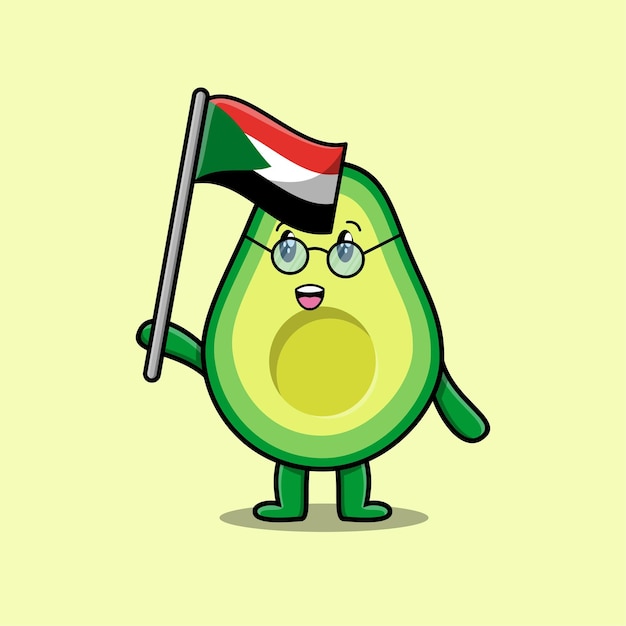 Lindo personaje de mascota de aguacate de dibujos animados con bandera del país de sudán en diseño moderno