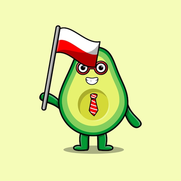 Lindo personaje de mascota de aguacate de dibujos animados con bandera de polonia en diseño moderno