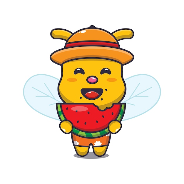 Lindo personaje de mascota de dibujos animados de abeja comer sandía fresca