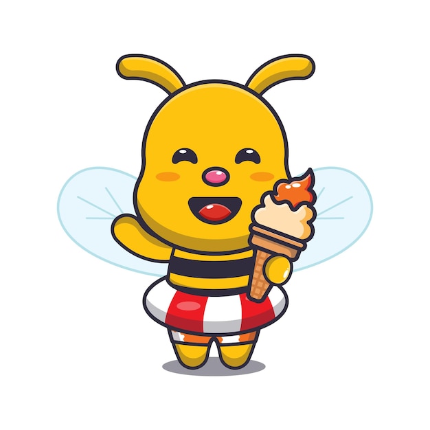 Lindo personaje de mascota de dibujos animados de abeja con helado en la playa