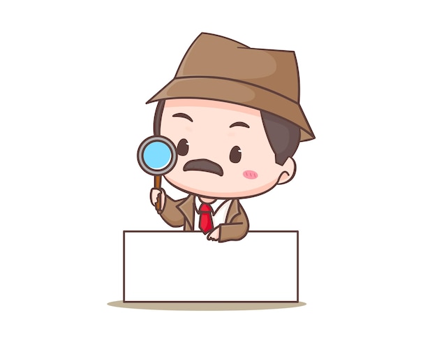 Lindo personaje de mascota de dibujos animados de detectives. Arte vectorial de ilustración Chibi. Concepto de icono de profesión