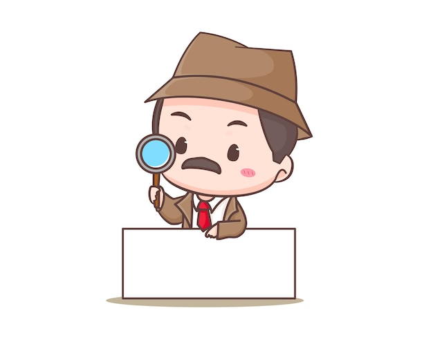 Lindo personaje de mascota de dibujos animados de detectives. arte vectorial de ilustración chibi. concepto de icono de profesión