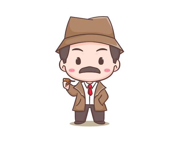 Lindo personaje de mascota de dibujos animados de detectives. Arte vectorial de ilustración Chibi. Concepto de icono de profesión