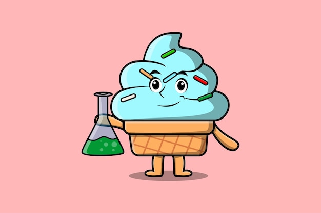 Lindo personaje de mascota de dibujos animados helado como científico con vidrio de reacción química