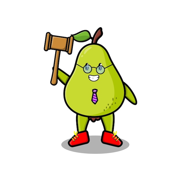 Lindo personaje de mascota de dibujos animados juez sabio fruta de pera con gafas y sosteniendo un martillo con un lindo diseño de estilo moderno