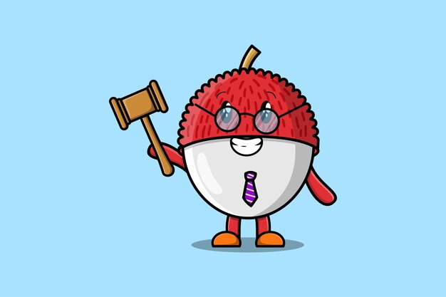 Lindo personaje de mascota de dibujos animados juez sabio Lychee con gafas y sosteniendo un martillo