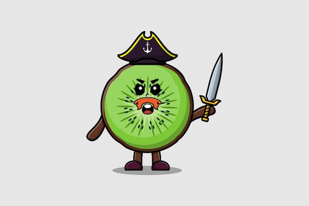 Lindo personaje de mascota de dibujos animados Kiwi fruit pirate con sombrero y espada de sujeción en un diseño moderno