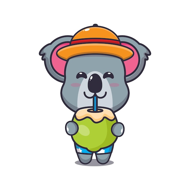 Lindo personaje de mascota de dibujos animados de koala beber coco fresco