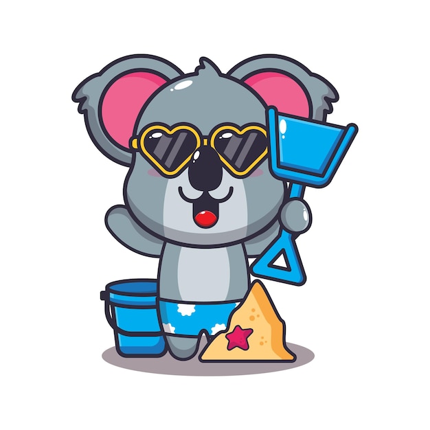 Lindo personaje de mascota de dibujos animados de koala en gafas de sol jugar playa de arena