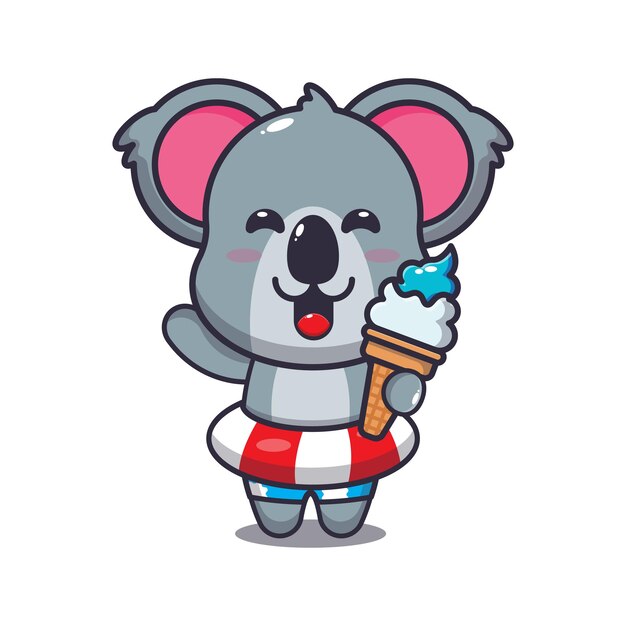 Lindo personaje de mascota de dibujos animados de koala con helado en la playa