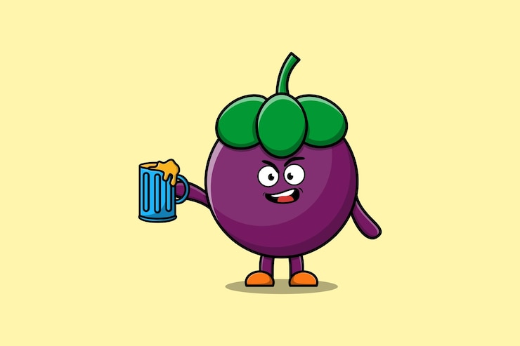 Vector lindo personaje de mascota de dibujos animados de mangostán con vaso de cerveza y lindo diseño elegante ilustración plana