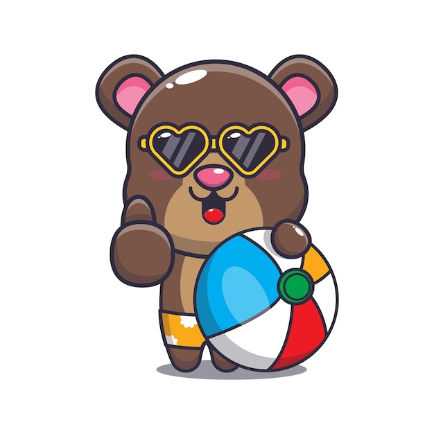 Lindo personaje de mascota de dibujos animados de oso con pelota de playa