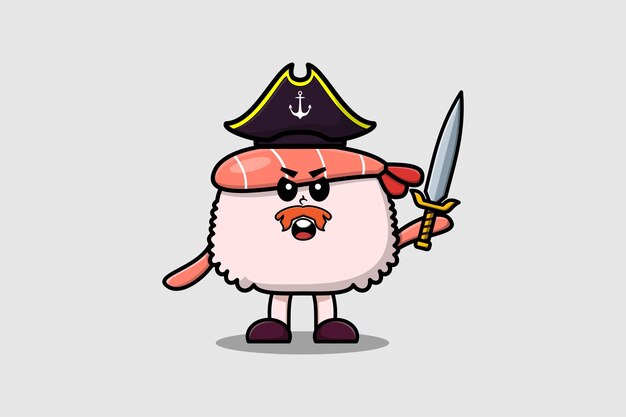 Lindo personaje de mascota de dibujos animados Pirata de camarones de sushi con sombrero y espada de sujeción en diseño moderno
