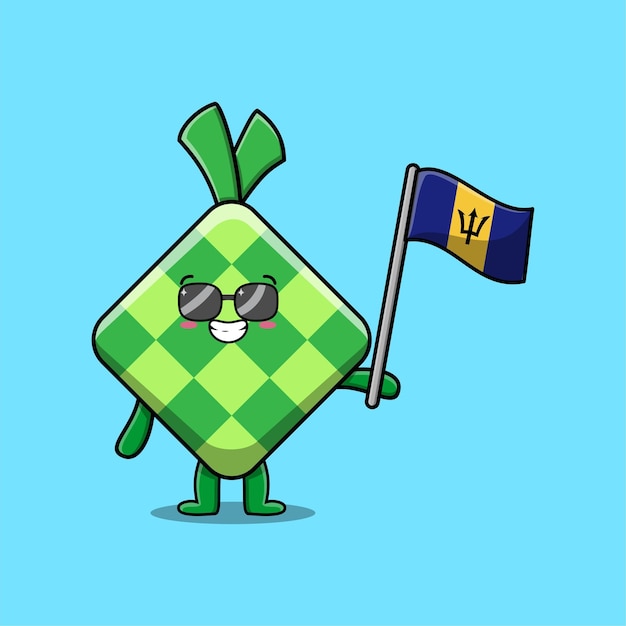 Lindo personaje mascota ketupat de dibujos animados con la bandera del país de barbados en un diseño moderno