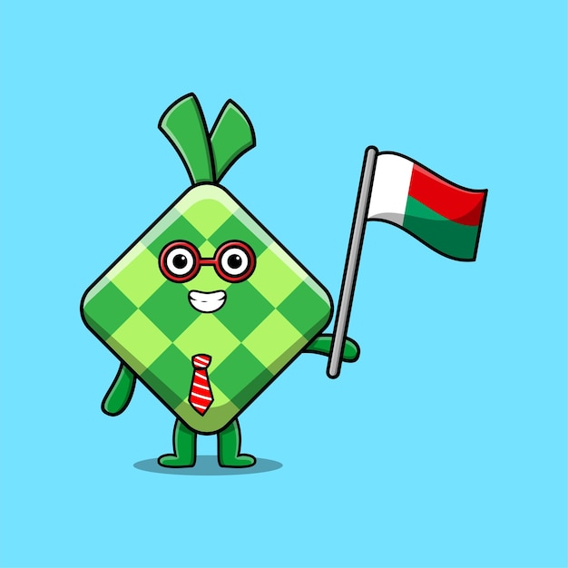 Lindo personaje mascota ketupat de dibujos animados con la bandera del país de madagascar en un diseño moderno