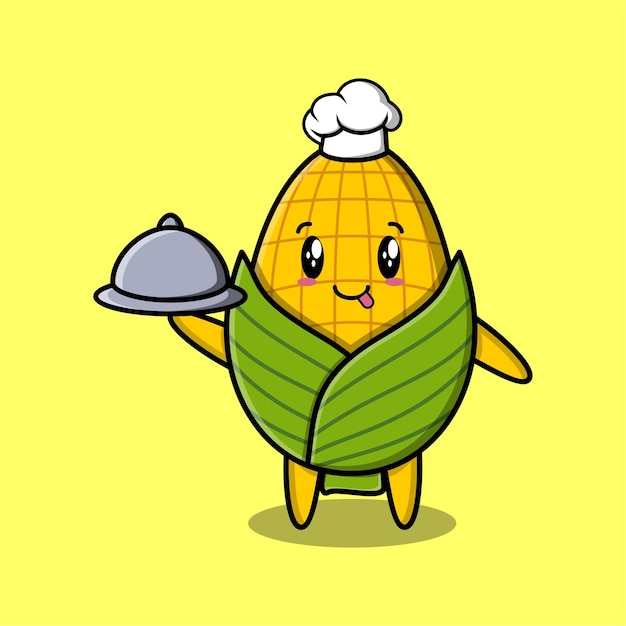 Lindo personaje de mascota de maíz de chef de dibujos animados que sirve comida en la bandeja diseño de estilo lindo