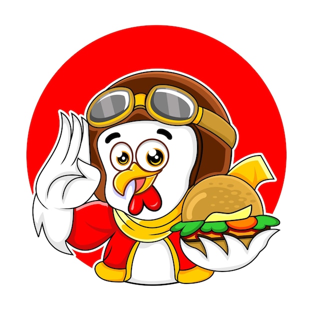 Lindo personaje de mascota de pollo sosteniendo una hamburguesa mientras saluda