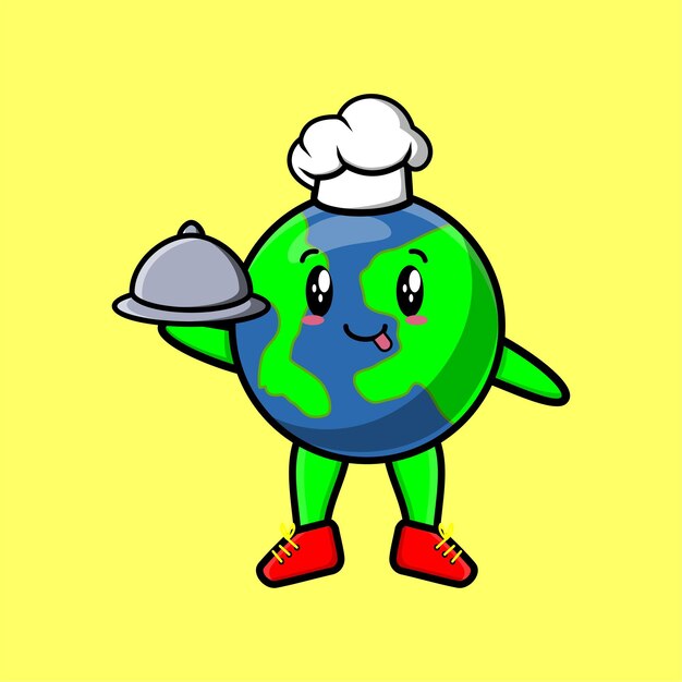 Lindo personaje de mascota de la tierra del chef de dibujos animados que sirve comida en la bandeja diseño de estilo lindo para camiseta, pegatina, elemento de logotipo