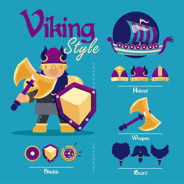Lindo personaje masculino vikingo con armas y cascos Ilustración vectorial