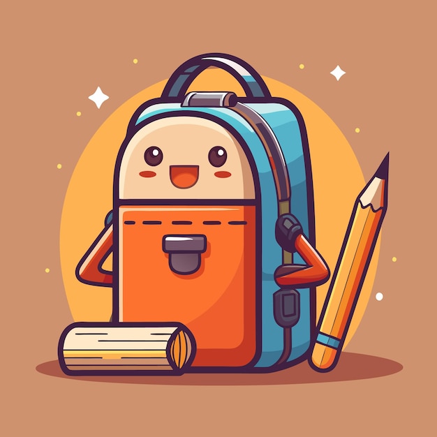El lindo personaje de la mochila de dibujos animados que sostiene un lápiz y un libro