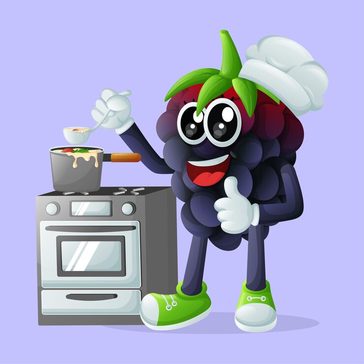 Vector lindo personaje de mora cocinando en una estufa