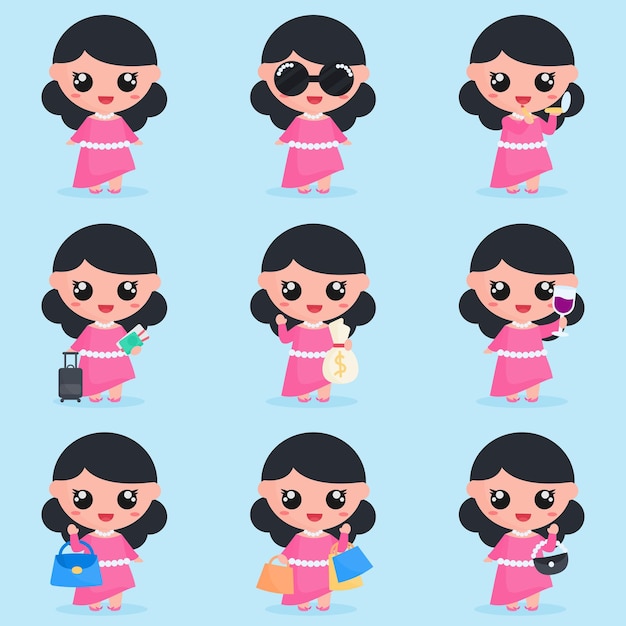 Vector lindo personaje de mujer rica con cosas caras en conjunto conjunto