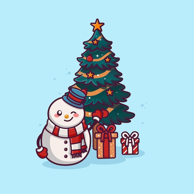 lindo personaje de muñeco de nieve con dibujos animados de árbol de navidad