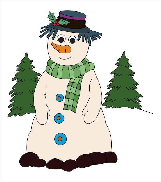 Lindo personaje de muñeco de nieve entre dos árboles de Navidad Ilustración vectorial