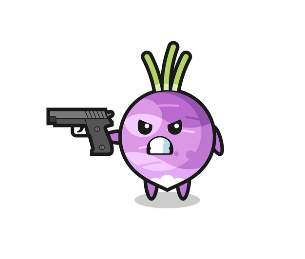 El lindo personaje de nabo dispara con un diseño de estilo lindo de pistola para el elemento del logotipo de la etiqueta de la camiseta