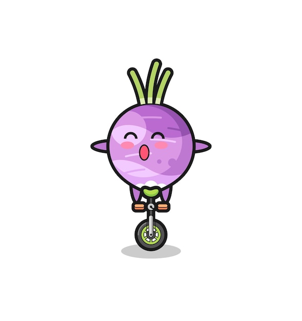 El lindo personaje de nabo está montando una bicicleta de circo, diseño de estilo lindo para camiseta, pegatina, elemento de logotipo