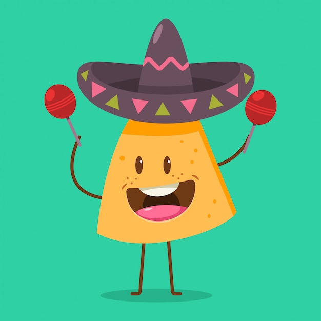 Vector lindo personaje de nachos en sombrero con maracas. ejemplo divertido de la historieta de la comida mexicana aislado encendido.