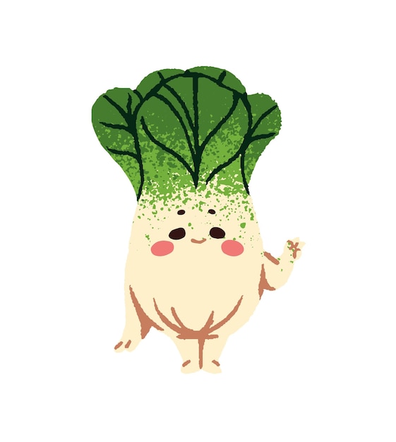 El lindo personaje de Napa o repollo chino dice Hola con un gesto de la mano Feliz hoja de ensalada de dibujos animados bienvenida agitando Vegetable gracioso es el saludo Ilustración de dibujo aislado plano sobre fondo blanco