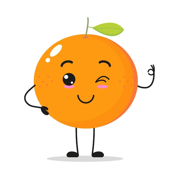 Lindo personaje naranja feliz Divertido sonriente y guiño emoticono de dibujos animados naranja en estilo plano