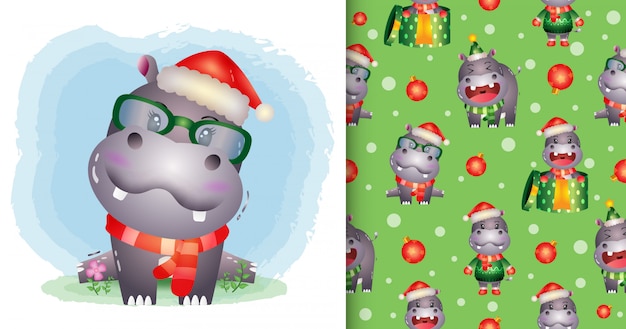 Un lindo personaje de Navidad de hipopótamo con gorro de Papá Noel y bufanda.