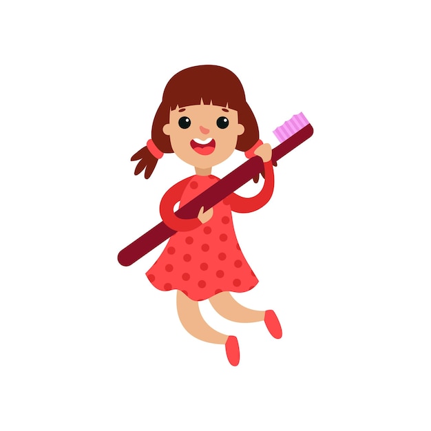 Lindo personaje de niña con cepillo de dientes gigante, vector de dibujos animados Ilustración aislada en un fondo blanco