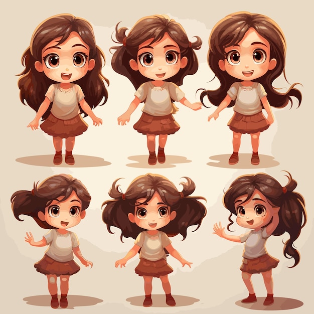 Vector lindo personaje de niña con diferentes gestos establece ilustración
