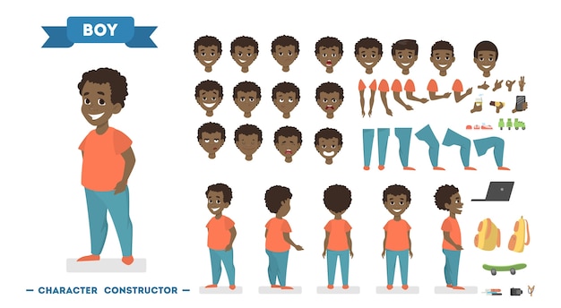Lindo personaje de niño afroamericano en camiseta naranja y pantalón azul para animación con varias vistas, peinados, emociones faciales, poses y gestos. ilustración de vector aislado en estilo de dibujos animados