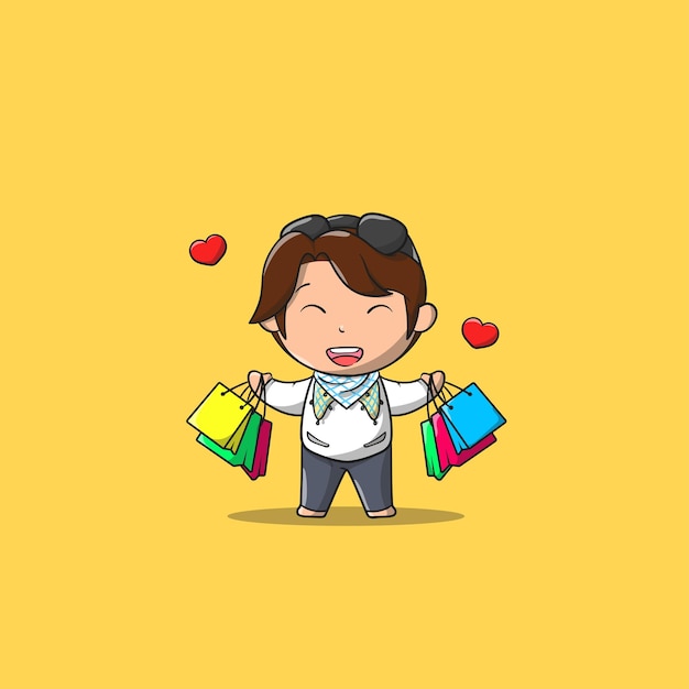 Lindo personaje de niño musulmán que se siente feliz después de ir de compras ilustración del icono de vector