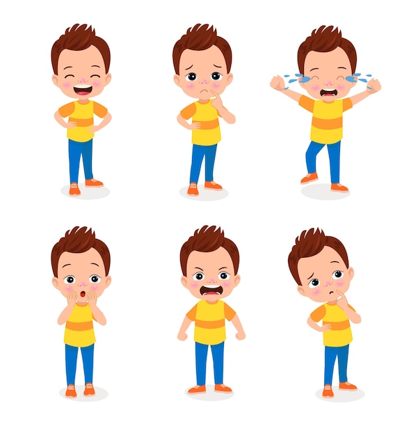 Lindo personaje de niño pequeño con diferentes expresiones faciales conjunto diseño de ilustración vectorial