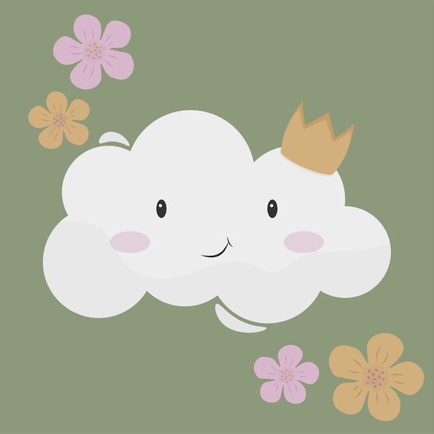 Vector lindo personaje de nube con corona y flores vector niños ilustración